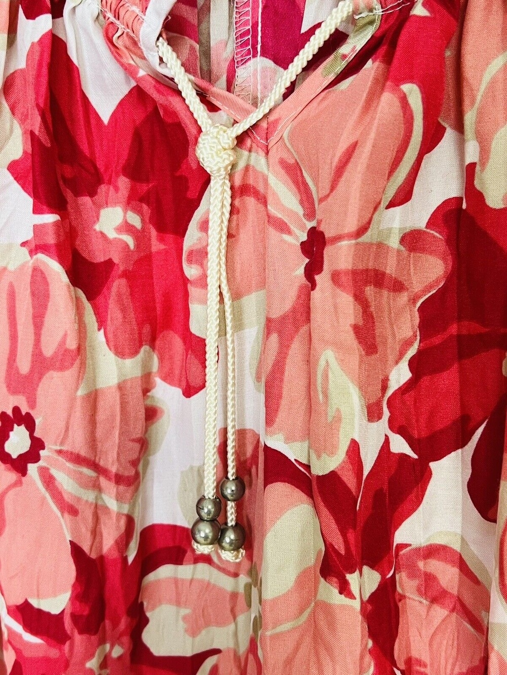 Croft & Barrow Pink White Tan Short Puff Sleeve Petite Womens Sz PXS Drawstring - Picture 3 of 7
